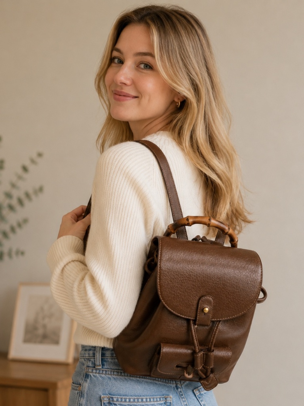 GUCCI BAMBOO BROWN MINI BACKPACK WITH BAMBOO HANDLE ADJUSTABLE STRAPS